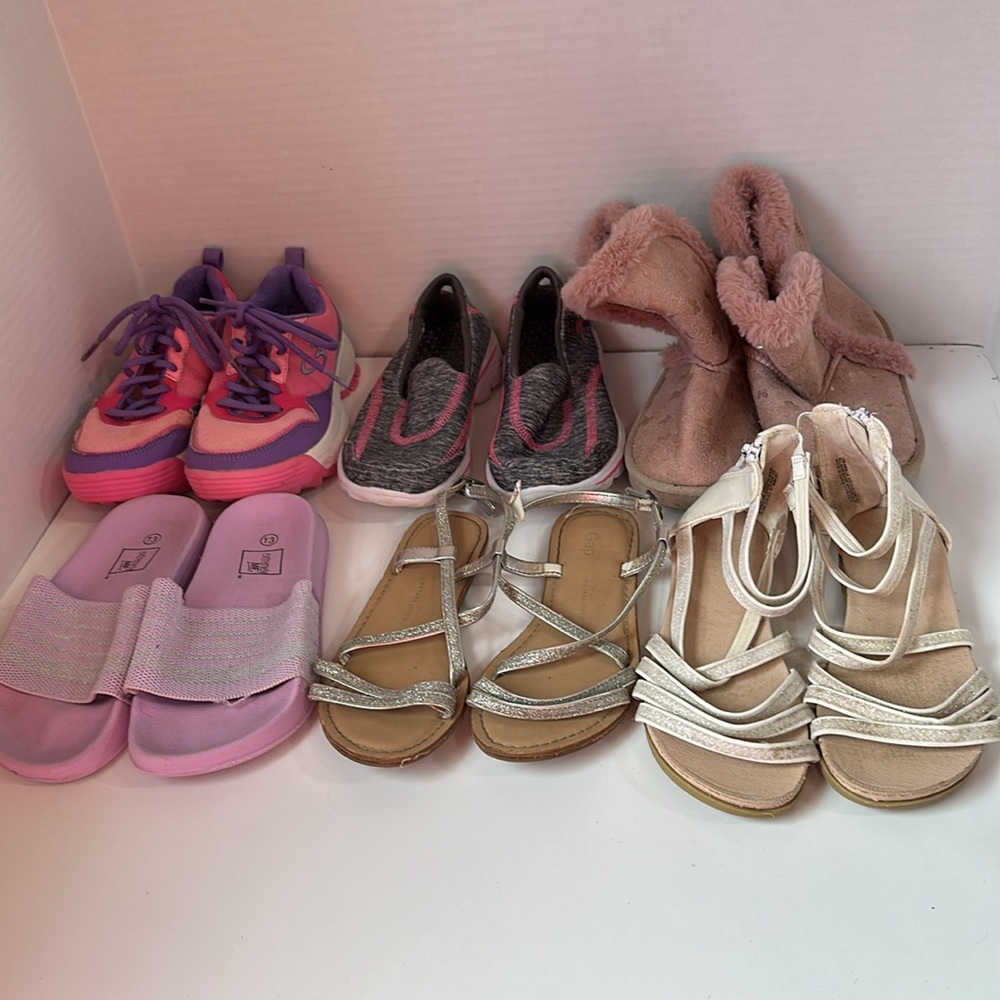 6 piece bundle  girl size 13 shoes tennis shoes boots sandals pink gray purple